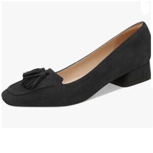 YDN Black Block Low Heel Loafer Square Toe Tassel Fringe Pump Slip On Dress Shoe